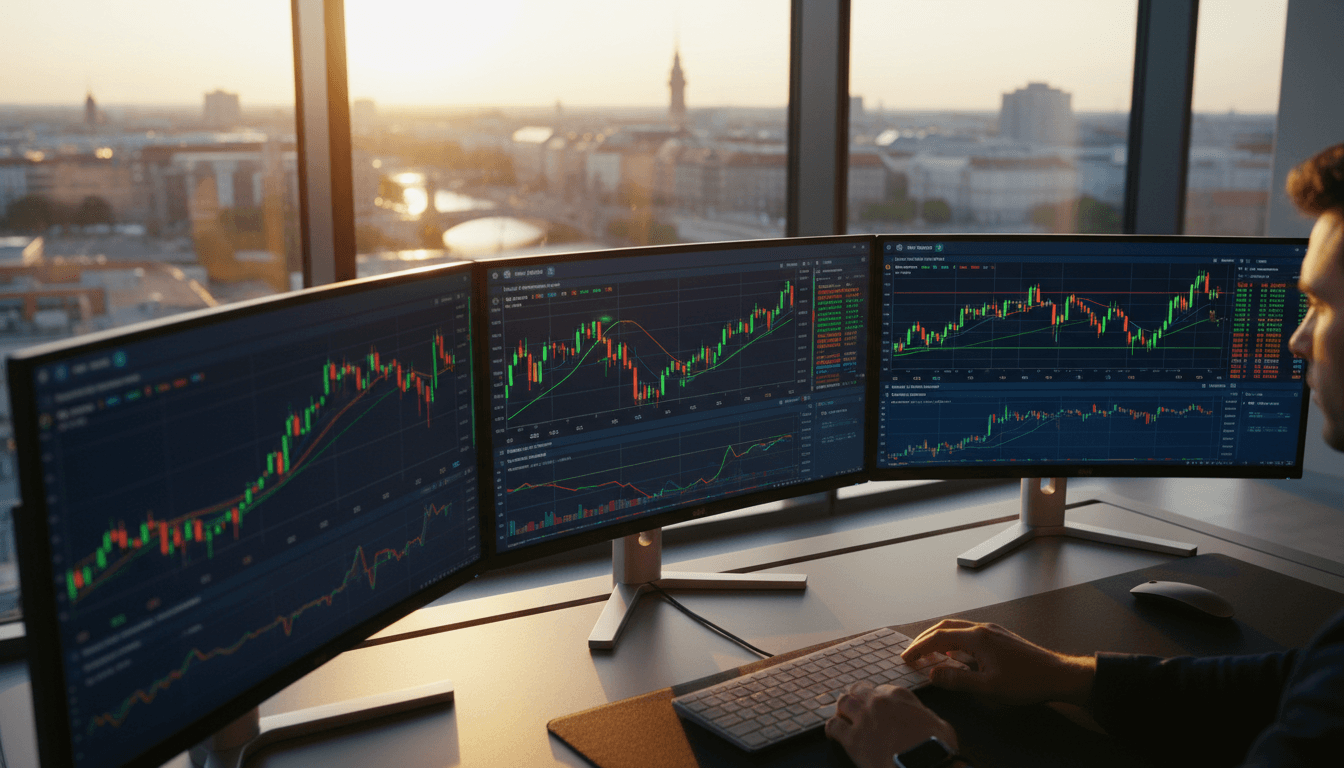 Moderner Trading-Arbeitsplatz mit Live-Marktdaten und mehreren Monitoren bei Sonnenuntergang