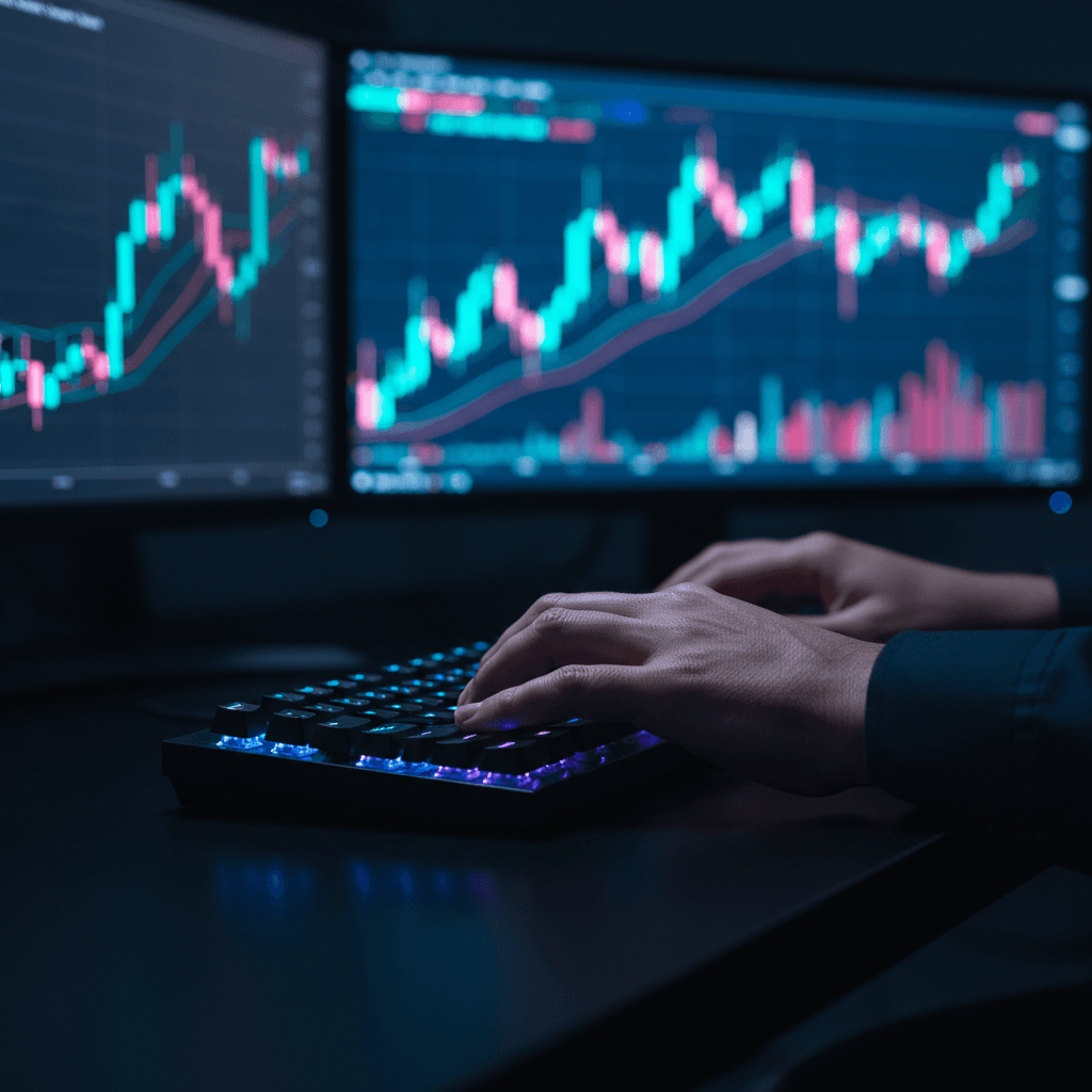 Moderner Trading-Arbeitsplatz mit mehreren Monitoren, goldenen Lichtern und Live-Marktdaten in dunkler Atmosphäre