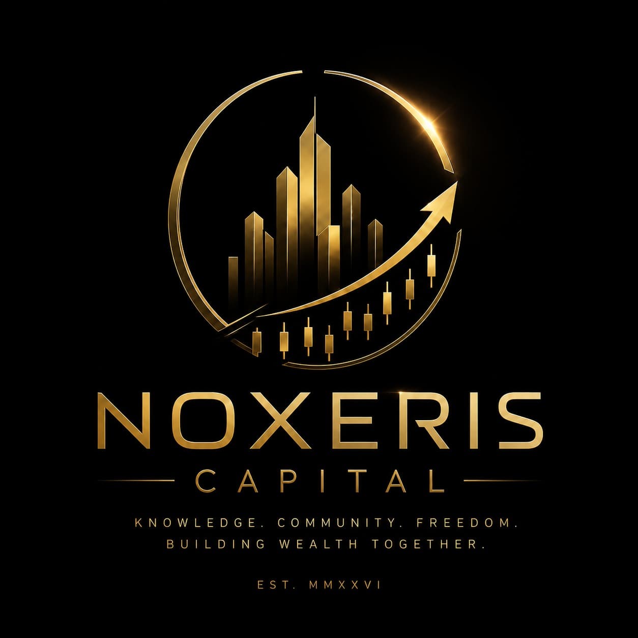 Goldenes Noxeris Capital Logo mit Skyline, Aufwärtspfeil und Candlestick-Chart auf schwarzem Hintergrund.