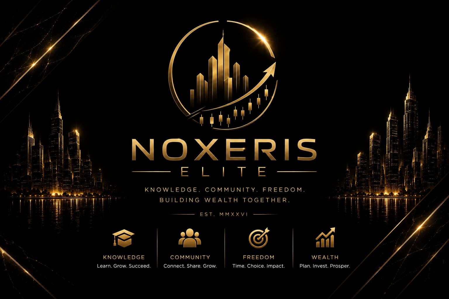 Goldenes Noxeris Elite Logo über einer Skyline mit Symbolen für Wissen, Gemeinschaft, Freiheit und Wohlstand.